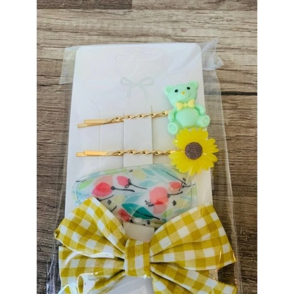 Hair pins fashion bear flower ribbon hair pin 4PC set  Yellow